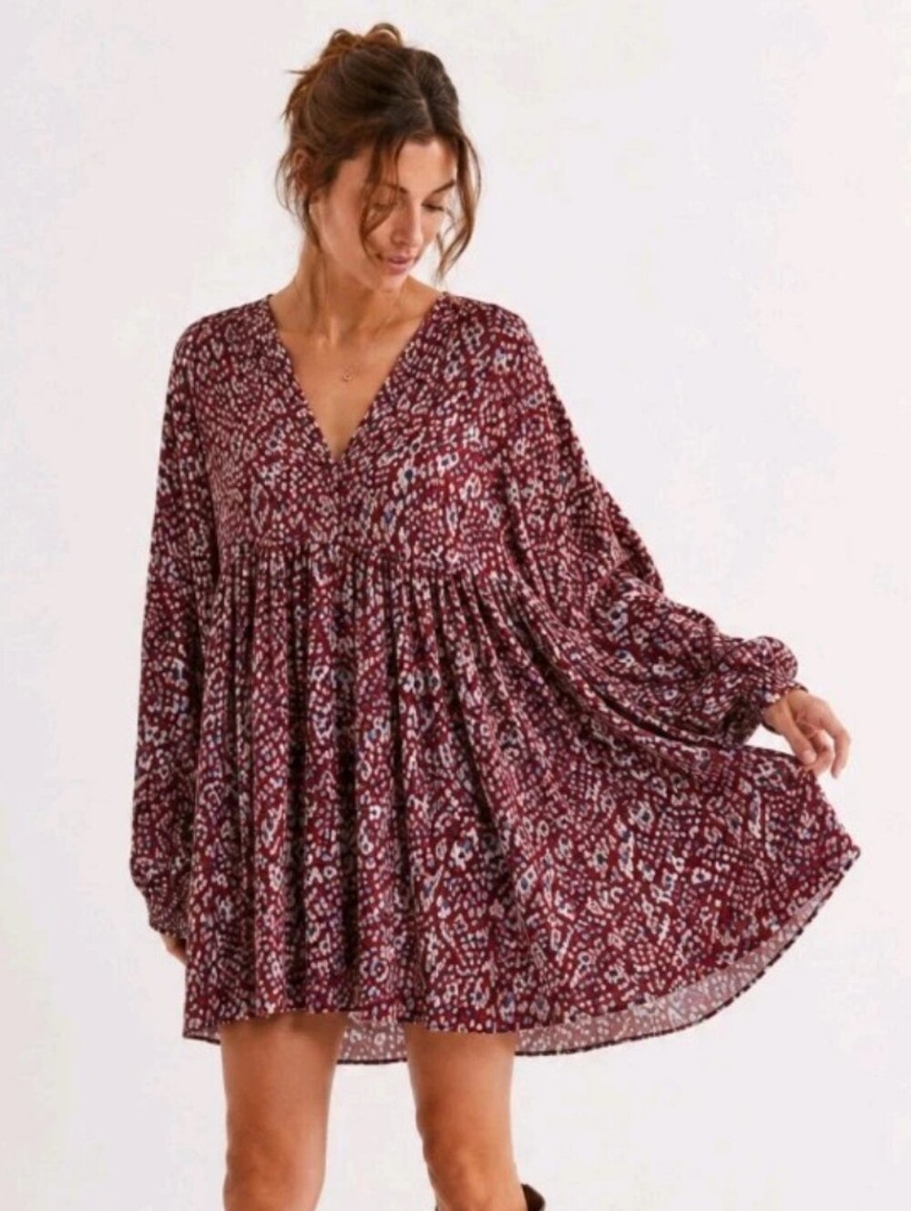 Umgee Oversized Boho Burgundy Babydoll Dress Medium V-Neck Button Detail EUC